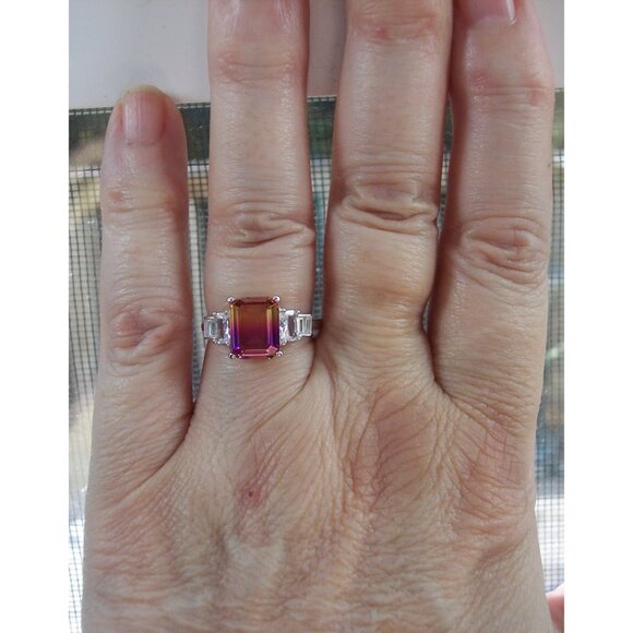 925 STERLING SILVER Emerald Cut Gradient Cubic Zirconia Ring - Picture 13 of 16